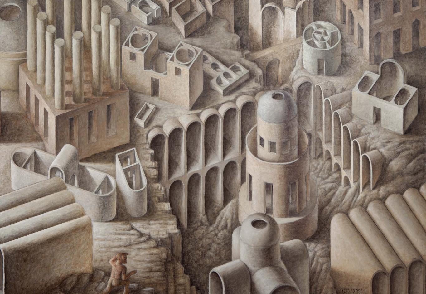 Guillermo Pérez Villalta "La excavacion", 2020.Cortesia Galeria Fernandez Braso Dibujo de arquitecturas a modo de laberinto