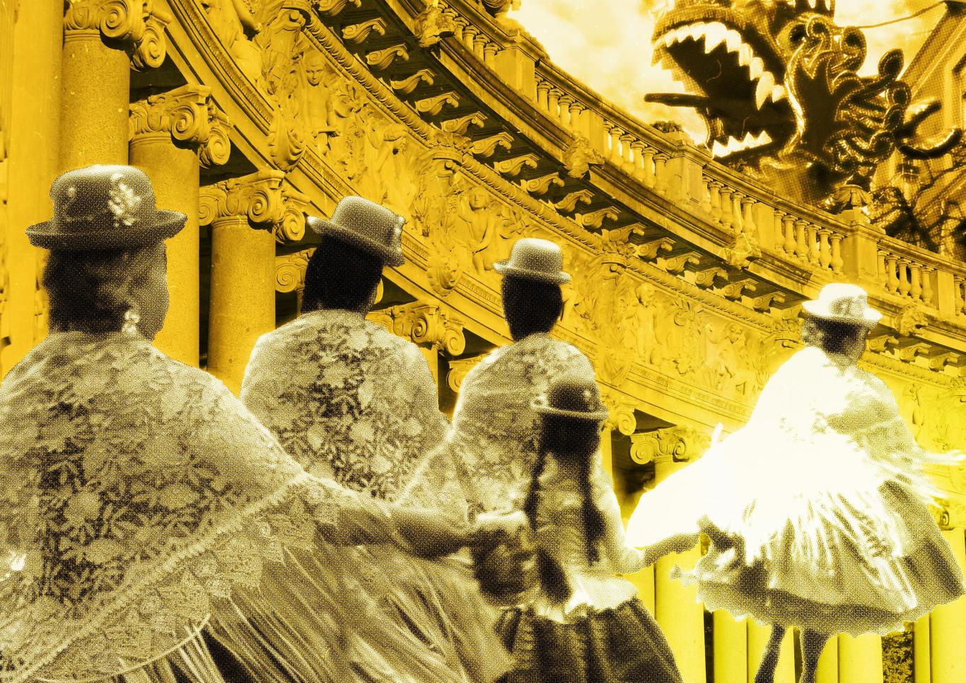 Collage de mujeres con traje tradicional boliviano en una arquitectura clásica