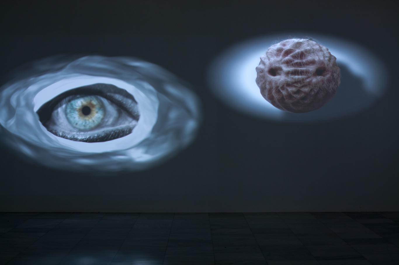 Marina Núñez. El fuego de la visión Audiovisual de Marina Núñez que proyectan formas de ojos y otras siluetas amorfas pero de apariencia orgánica