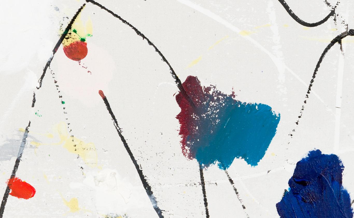 Secundido Hernández "Sin título". Detalle. © Secundino Hernández, VEGAP, Madrid 2025.  Detalle de un cuadro con pintura abstracta formada por líneas en negro y blanco y manchas en rojo y azul