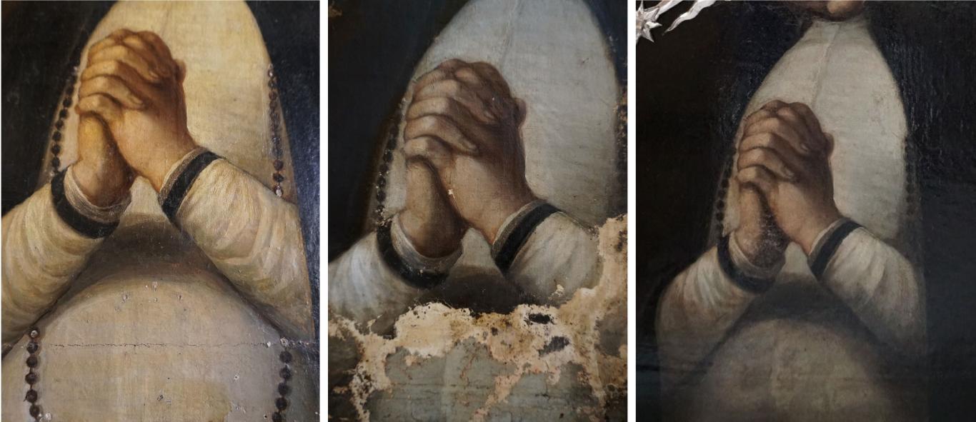 imagen que compara tres fragmentos de una pintura con unas manos en posición de oración durante diferentes etapas de su intervención