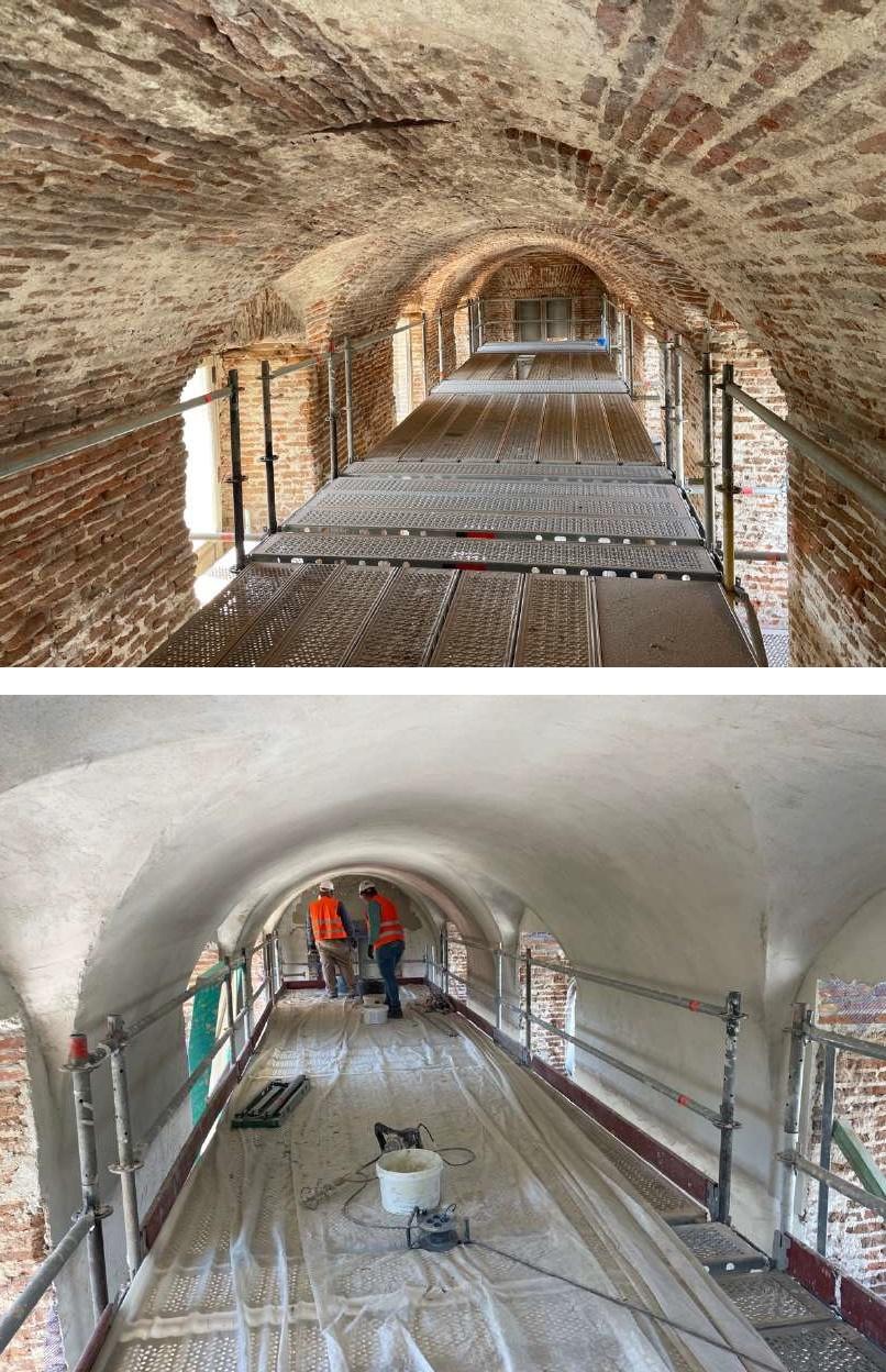 Proceso de intervención en el ala este imagen comparativa de una galería antes y durante su restauración