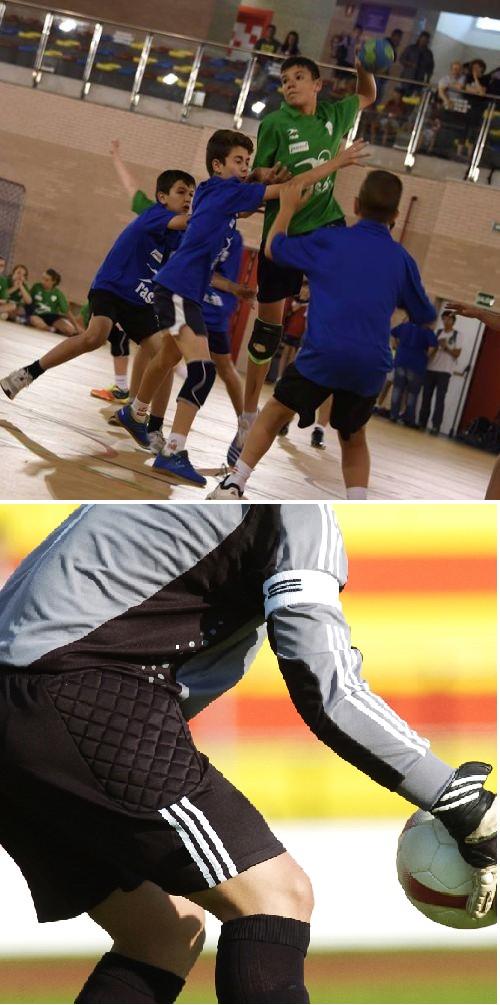 Niños jugando al balonmano y portero de fútbol sujetando el balón