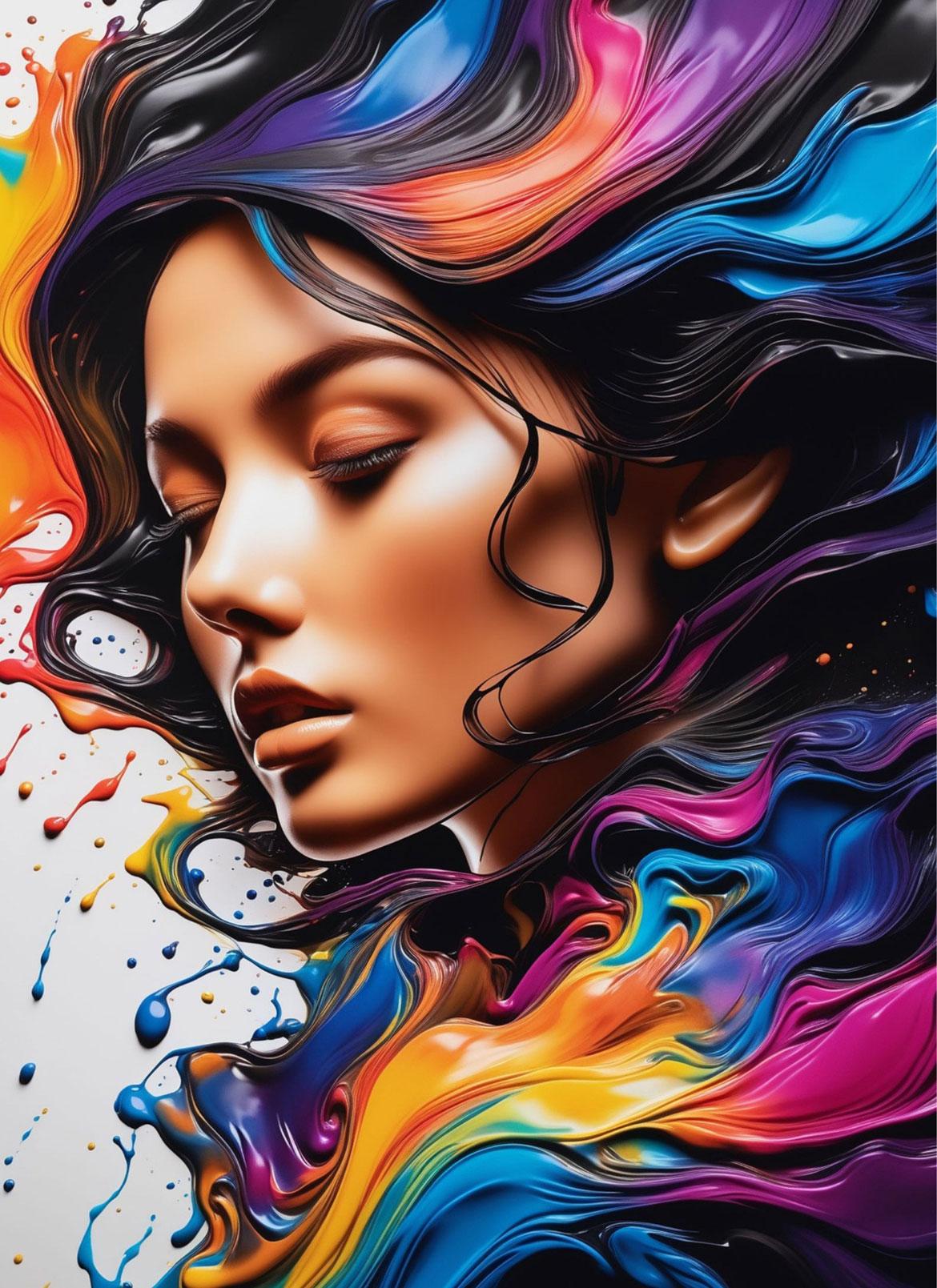 Rostro de mujer con pelo multicolor