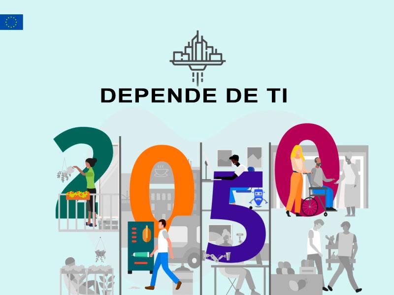 Imagen con la leyenda 2050, depende de ti y dibujo de varias personas