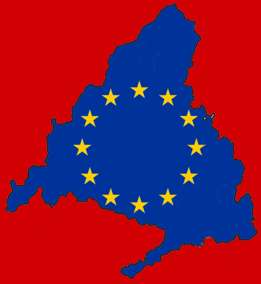 Perfil de Madrid, con bandera de la UE de fondo