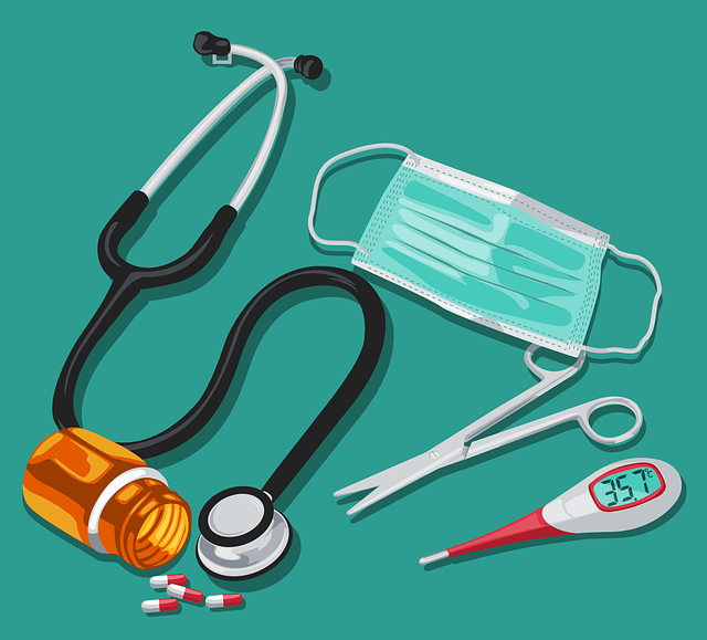 Icono de instrumental sanitario (fonendoscopio, termémetro, cápsulas, mascarilla y tijeras)