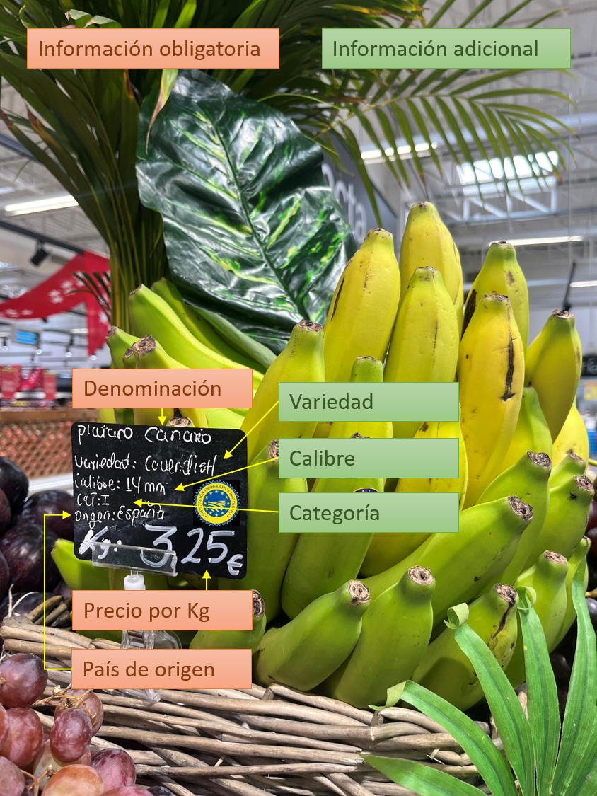 Racimo de plátanos con las menciones obligatorias y adicionales