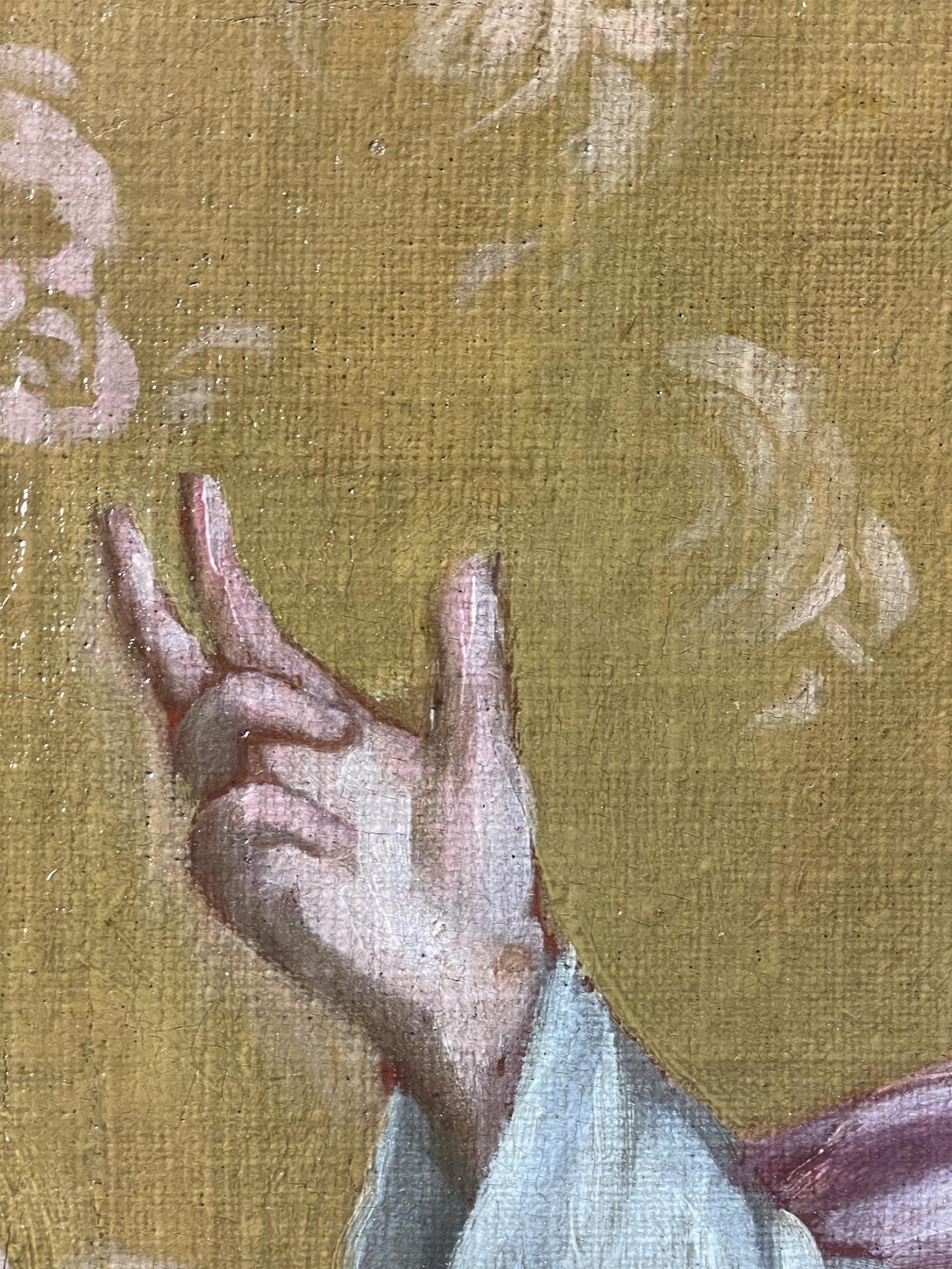 Lienzo Dios Padre, detalle tras su restauración, mano derecha de Dios Padre bendiciendo 