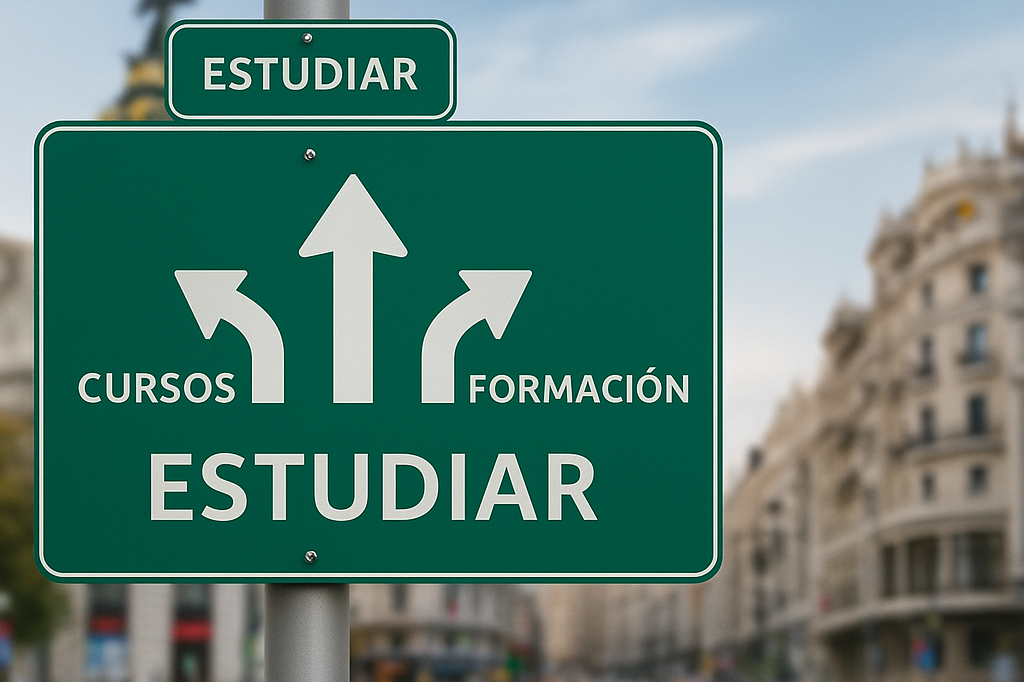 Cartel color verde que indica estudiar, cursos, becas y fondo de ciudad