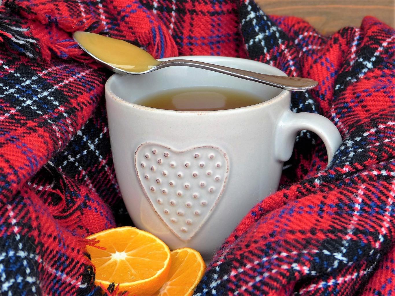 Taza de infusión y rodajas de naranja sobre una manta