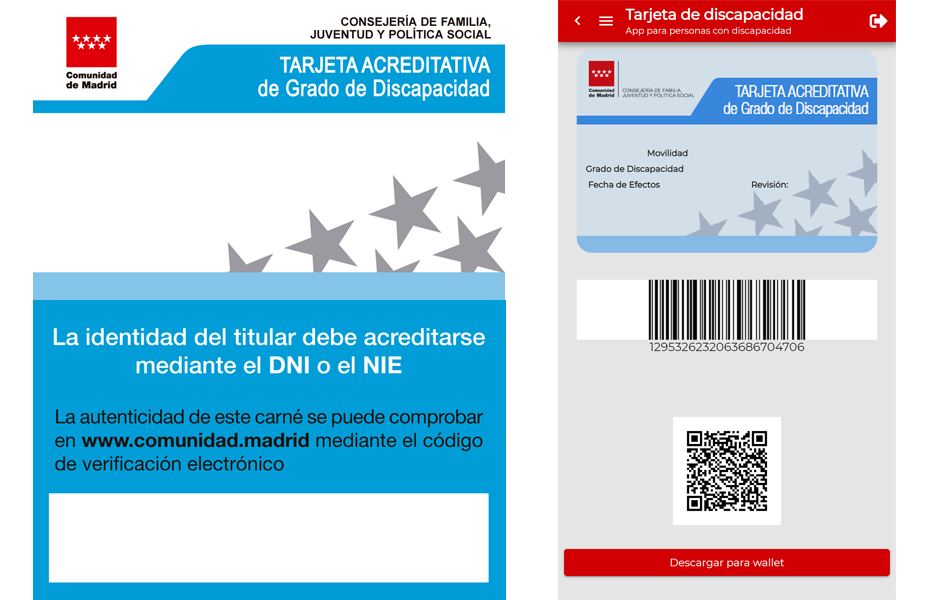 Imagen de la tarjeta de discapacidad en sus dos versiones: documental y electrónica