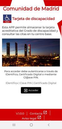 Pantalla inicio app discapacidad Comunidad de Madrid Pantalla de inicio de la aplicación para dispositivos móviles "Tarjeta de discapacidad" de la Comunidad de Madrid