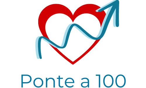 dibujo de corazón rojo con una flecha ascendente azul que le cruza y debajo pone "Ponte a 100"