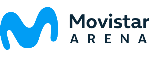 Logotipo con M curva azul de Movistar, a su izquierda marca Movistar y marca Arena por debajo