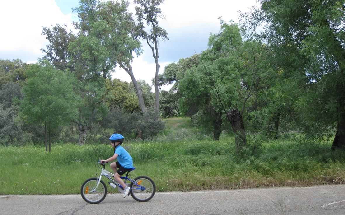 Niño montando en bici en una pista asfaltada en el campo