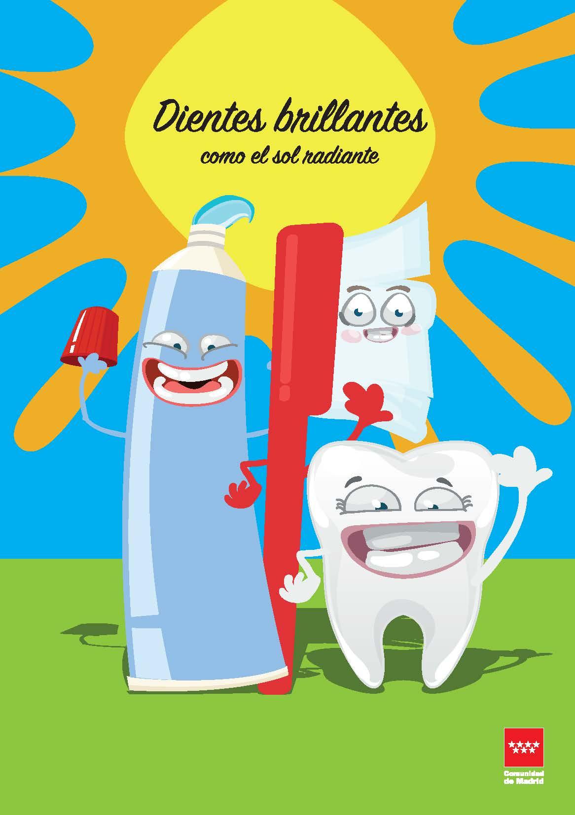 dientes, tubo de pasta y cepillo de dientes saludando 