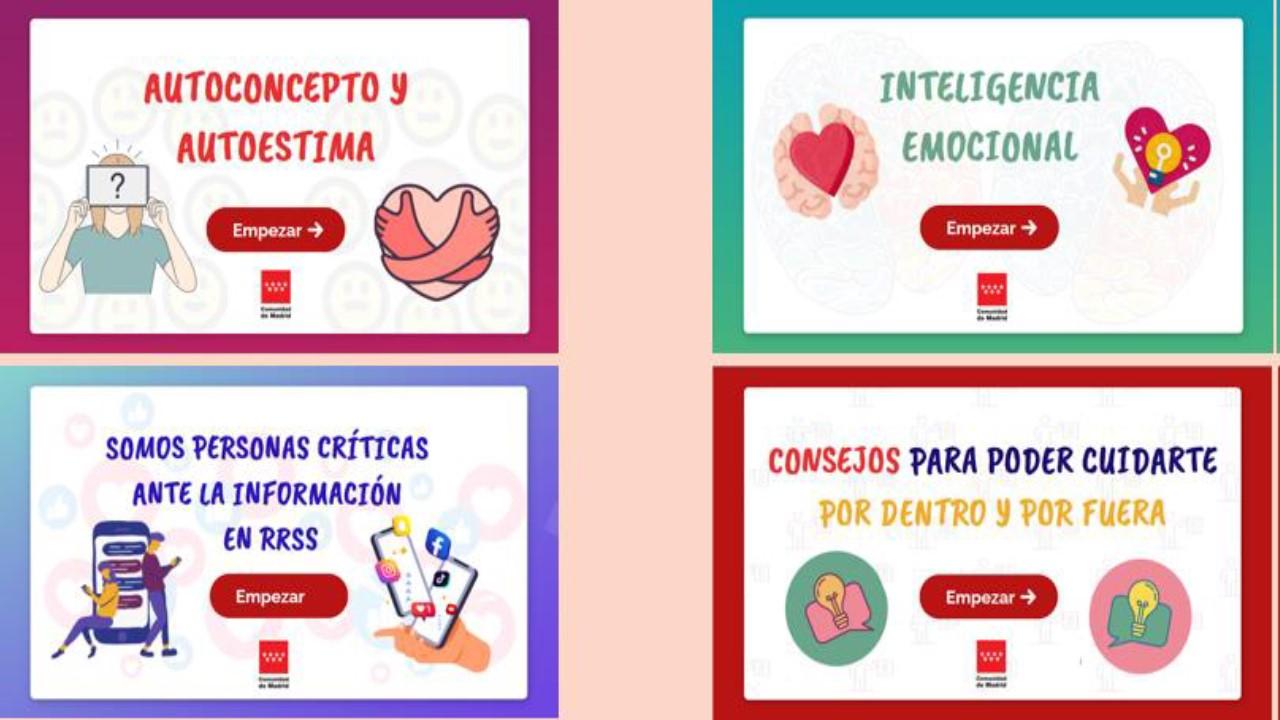 cuatro pantallas con actividades: autoestima, inteligencia emocional, criticas a las redes sociales y consejos 