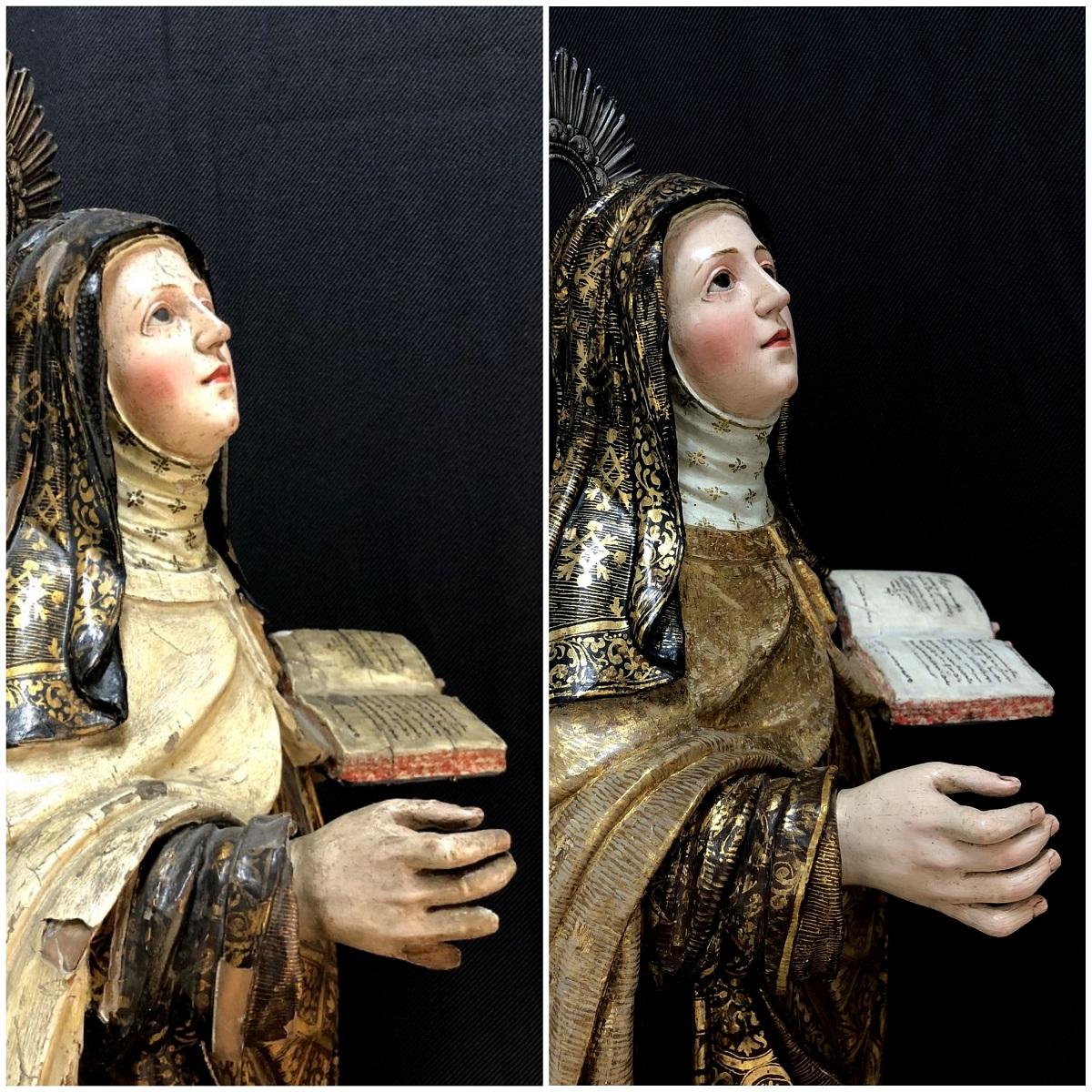 Comparativa de la talla de Santa Teresa de Jesús antes y después de su restauración