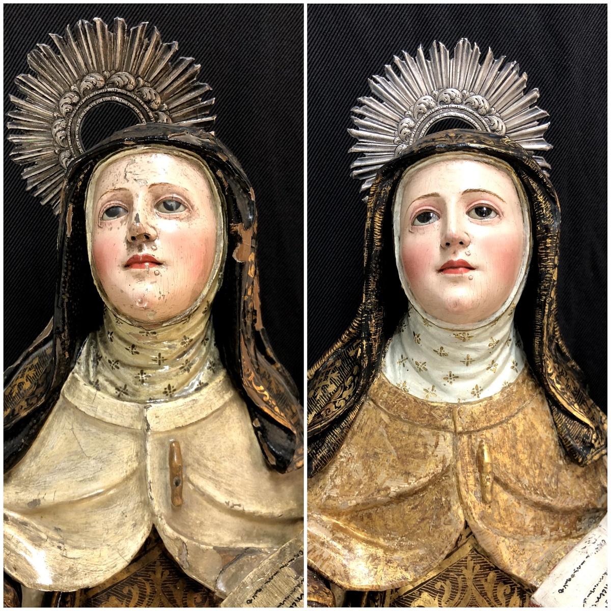Imagen comparativa de la escultura de Santa Teresa de Jesús, antes y después de ser restaurada