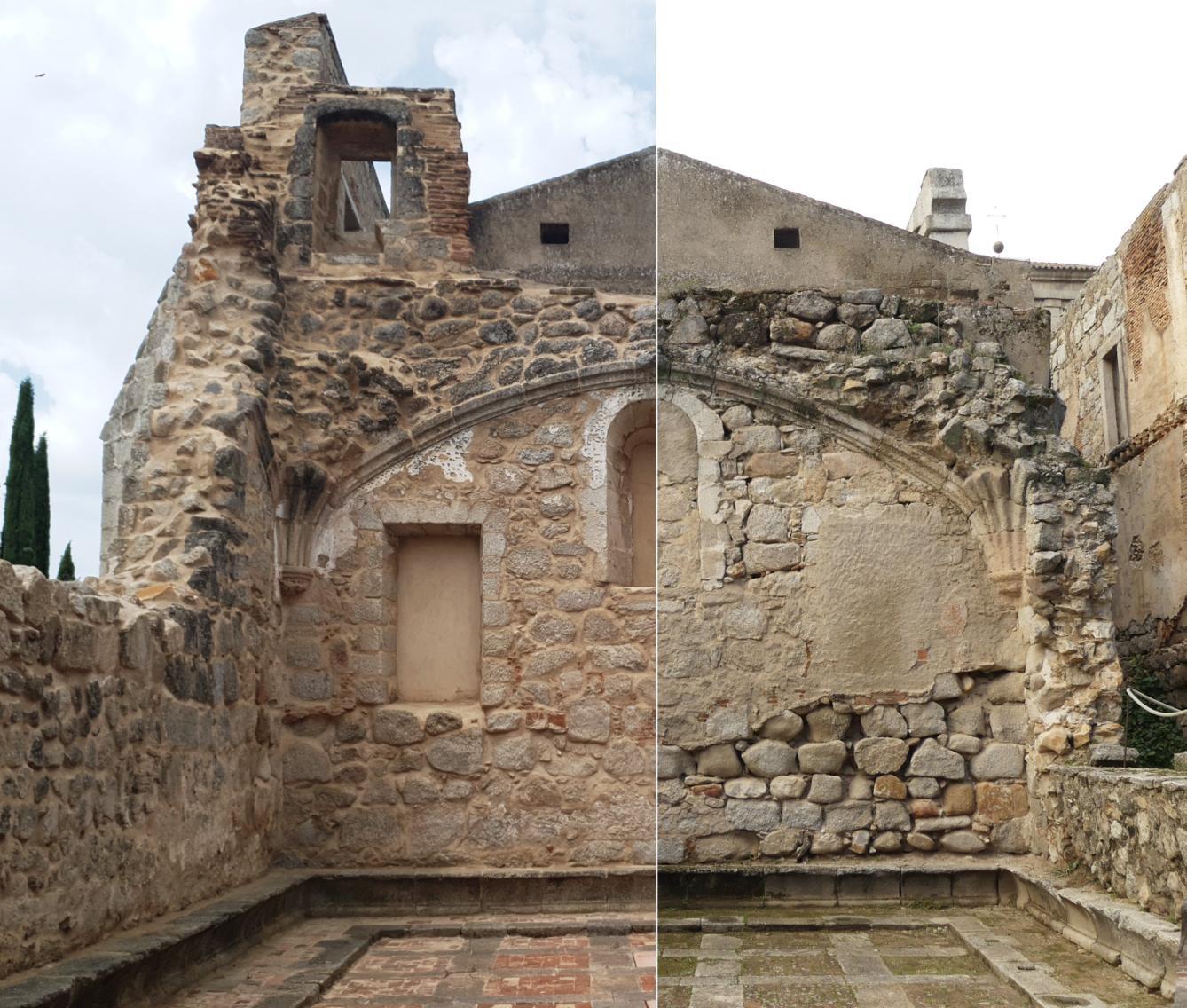 El refectorio en su estado restaurado y previo imagen comparativa del monasterio antes y después de su restauración