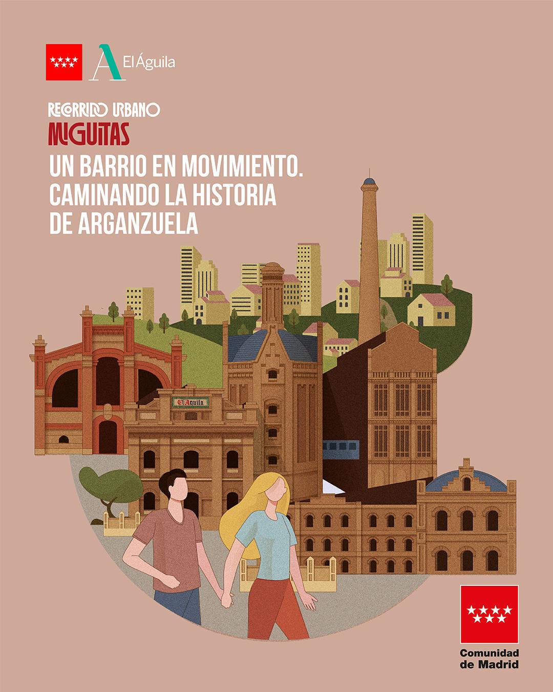 ilustración recorrido urbano con jóvenes y un barrio