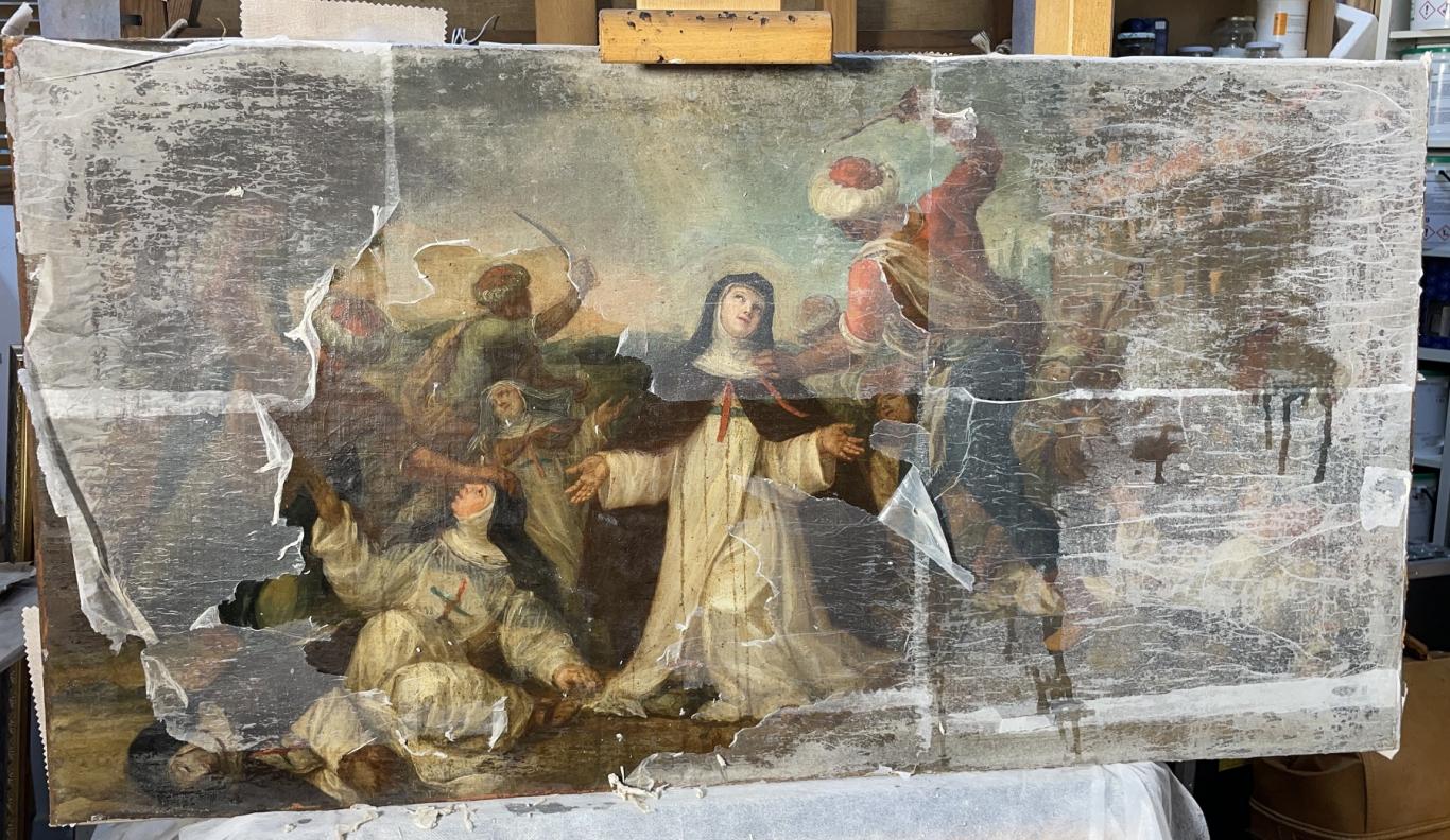 obra pictórica durante proceso de restauración y sentado de color