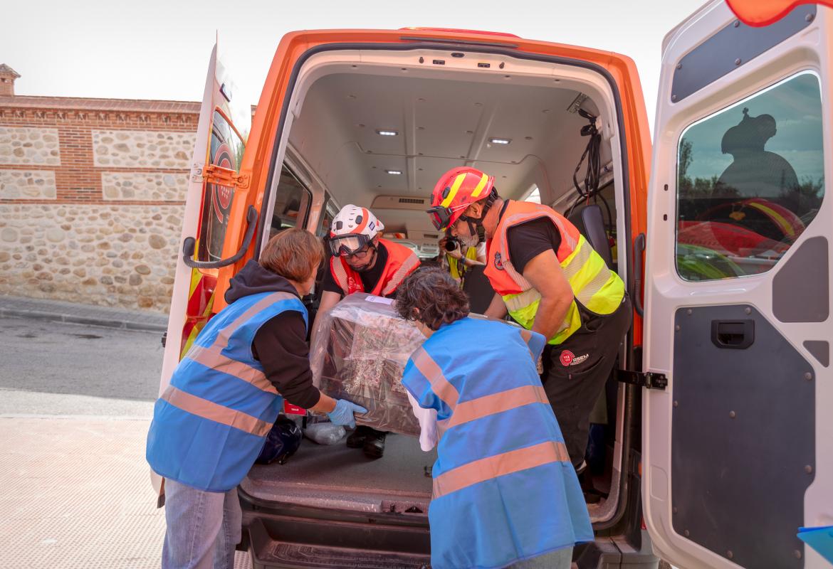 un grupo de personas guarda un arca embalado en una furgoneta