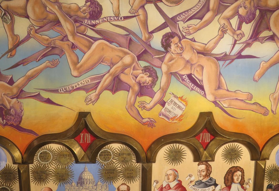 pintura mural con cinco personajes masculinos alados y una moldura dorada que enmarca cuatro paneles pictóricos en la parte inferior