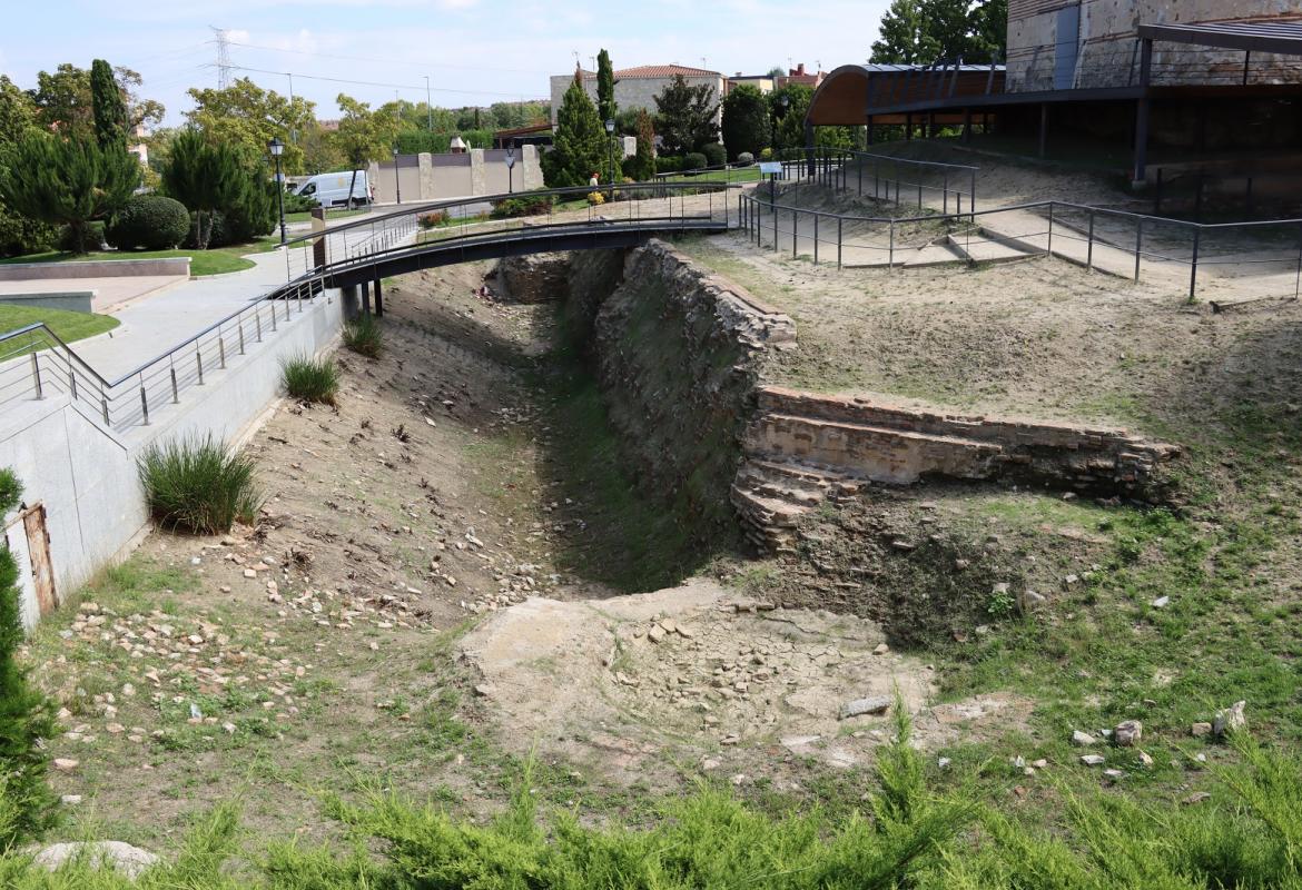 foso de un castillo con muralla de piedra y vegetación