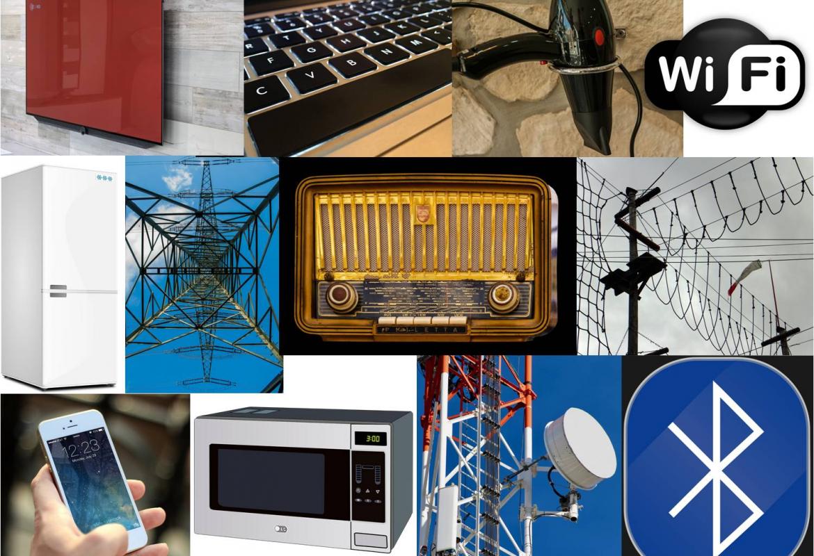 Collage de varios elementos que producen CEM: televisor, ordenador, secador de pelo, nevera, teléfono, microondas, radio, wifi, blutetooth