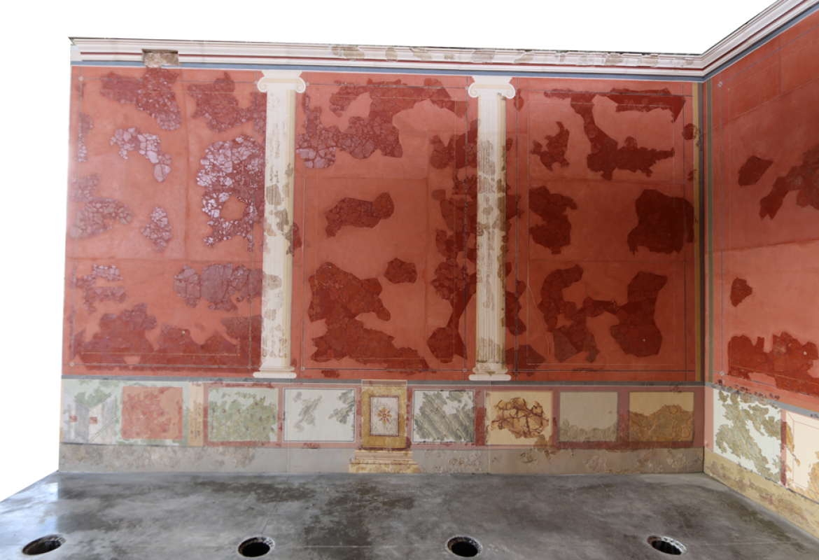 Detalle de las pinturas murales de la estancia E de la casa de los Grifos. Imagen, Sánchez Montes.