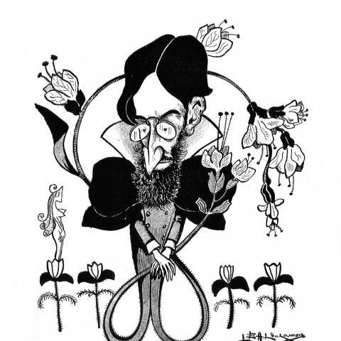 Caricatura de Ramón María del Valle-Inclán, por Leal de Cámara,  en "La vida literaria", abril de 1899  (Colección Joaquín del Valle-Inclán)