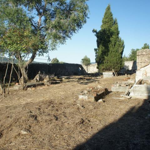 Imagen de recinto amurallado con árboles y restos de tumbas