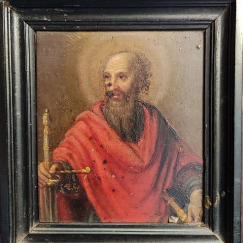marco con pintura representando a una figura masculina con túnica y espada en la mano