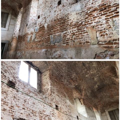 Ala este antes de la intervención imágenes de galería con paramentos de ladrillo en mal estado de conservación