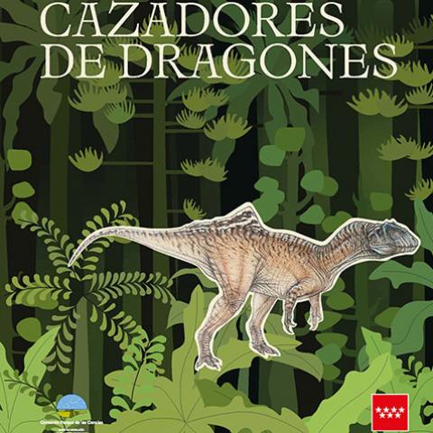 Ilustración de un dinosaurio sobre un fondo con vegetación verde
